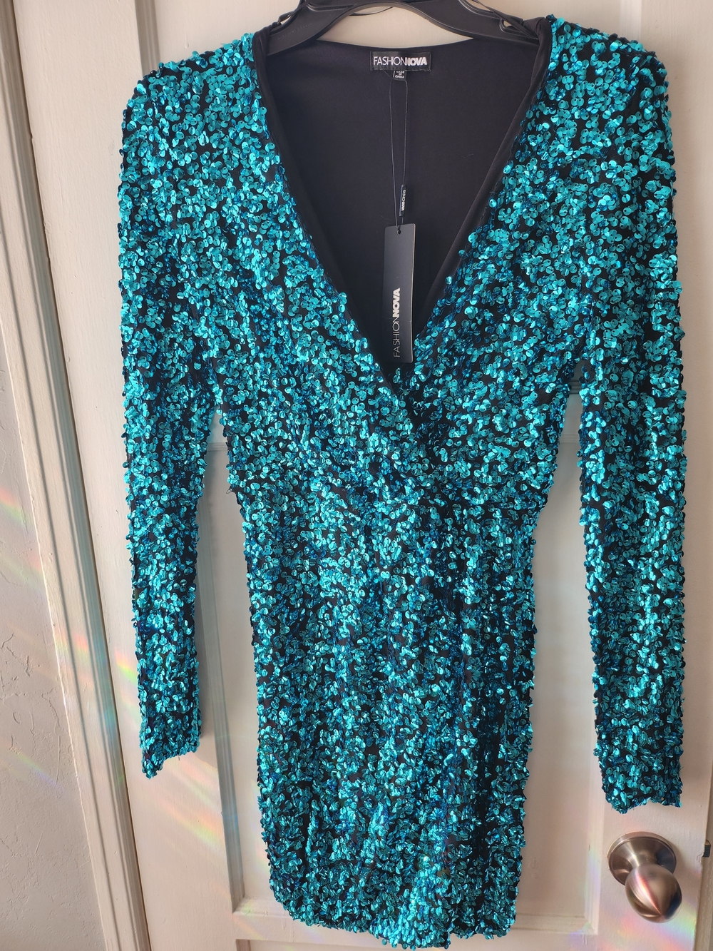 Fashion Nova Teal Sequin Long Sleeve Wrap Dress